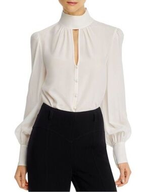 cinq a sept Ivory High-Neck Keyhole Blouse with Puff Sleeves